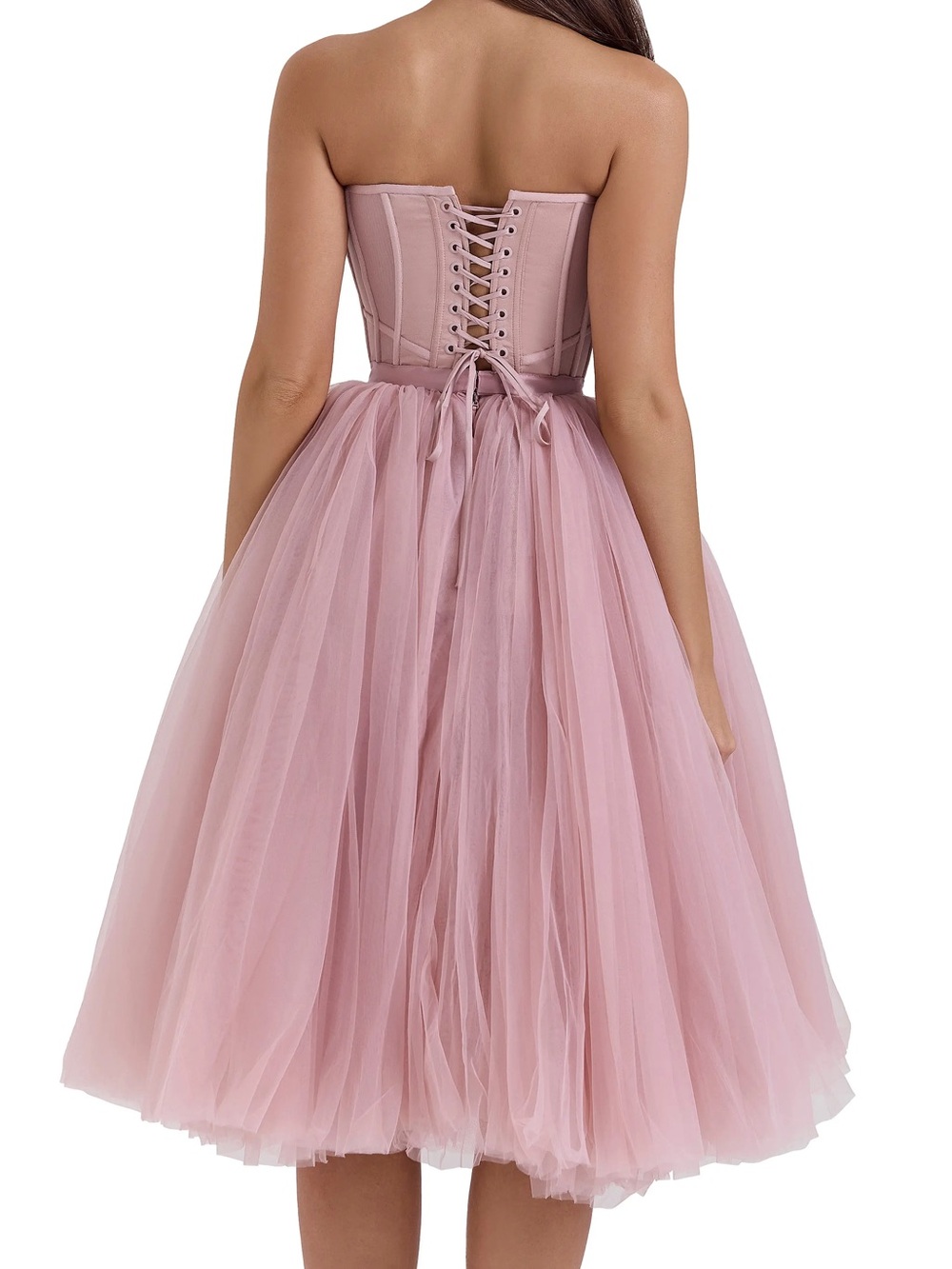 House of CB Strapless Blush Pink Tulle Midi Dress - Picture 2 of 3